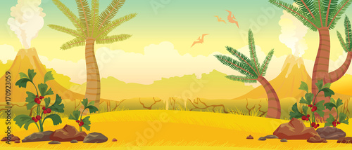 Prehistoric nature - volcanoes, pterodacryls, plants.