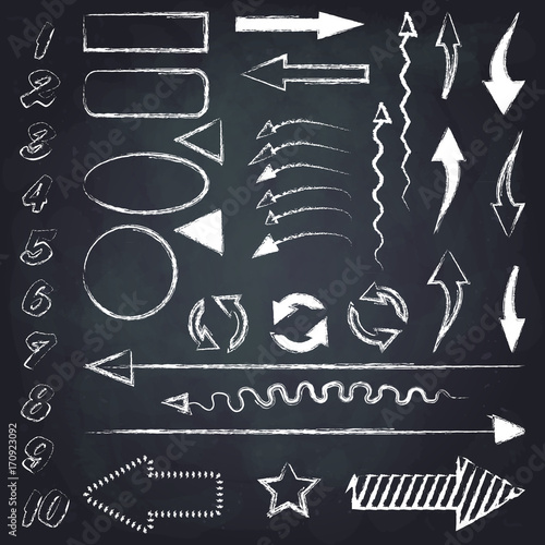 Set of different chalk arrows, numbers, geometric figures and other symbols. Hand drawn illustration. Chalkboard background.