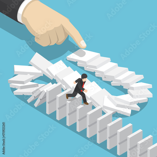 Isometric businessman running away on domino that falling by big hand.