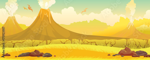 Volcanoes, grass, pterodactyls - prehistoric nature landscape.