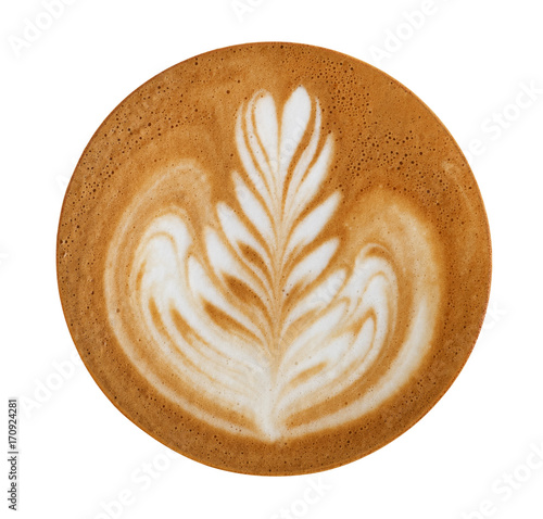 Top view of hot coffee cappuccino latte art foam isolated on white background, clipping path included photo