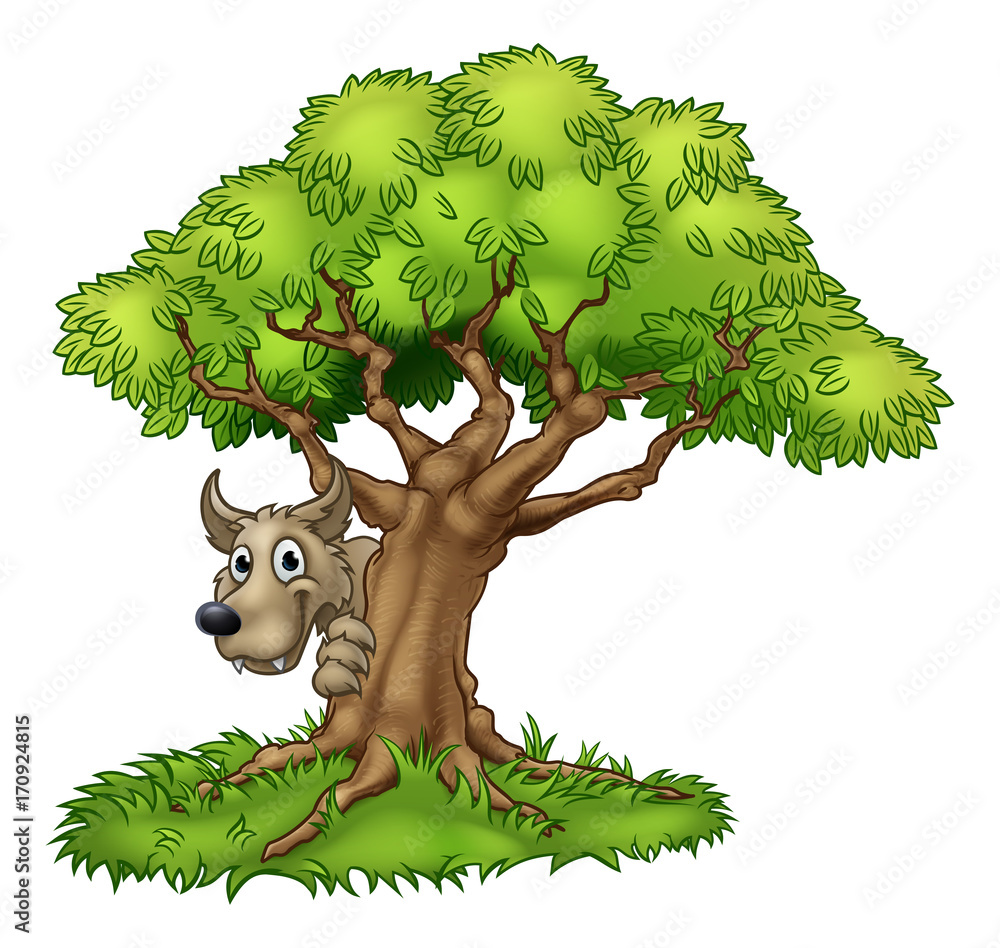 Obraz premium Kreskówka bajkowy wielki zły wilk i drzewo
