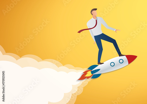 success in business start up businessman on rocket vector illustration
