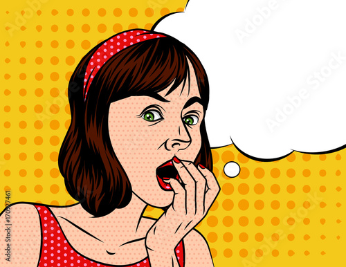 The girl is shocked. The girl is scared. The girl is surprised. A girl in pop art style on a halftone background