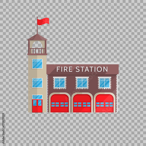 Fire station building in flat style on a transparent background Vector illustration. Service to combat emergencies, fire safety for your projects.