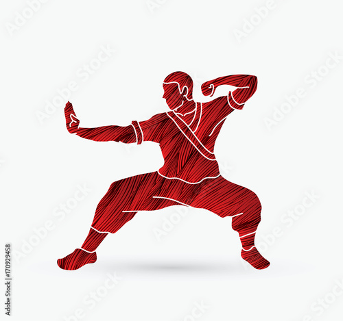 Kung fu action ready to fight designed using grunge brush graphic vector.