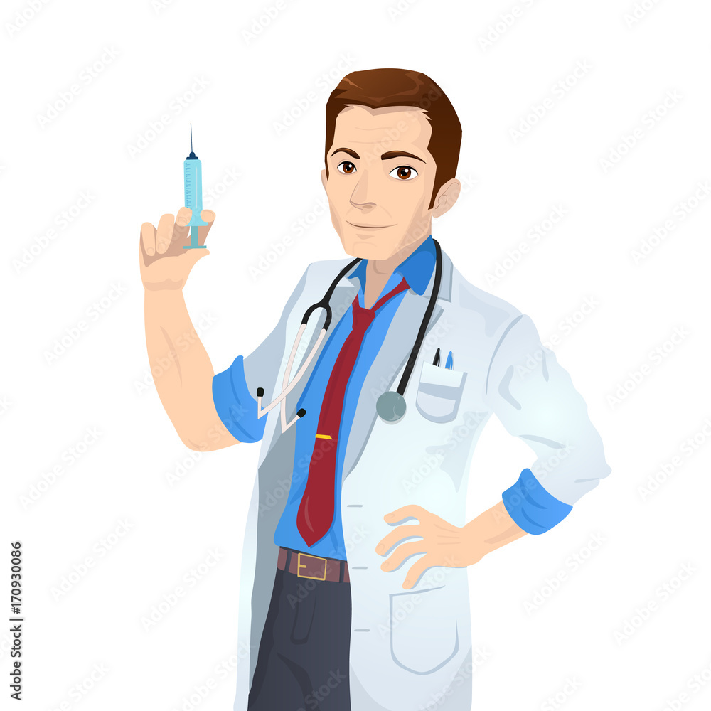 Caucasian doctor holding medical injection syringe. Young doctor standing with syringe. Doctor holding syringe ready for injection. Caucasian doctor holding medical injection syringe. Young doctor standing with syringe. Doctor holding syringe ready for injection.