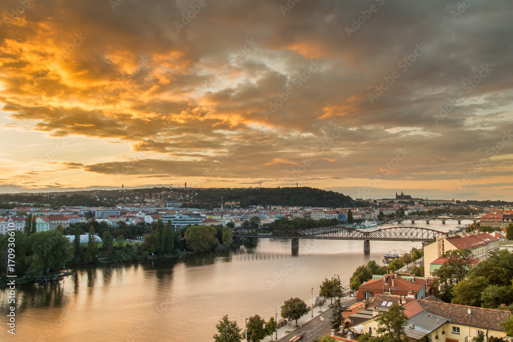 Light sunset  sky over Vltava in Prague, Czech republic