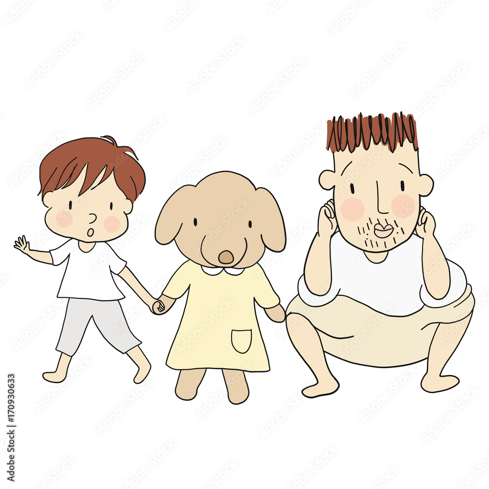 Vector illustration of dad and kid with dog. Family concept - happy father's day card, daddy and son &  daughter. Cartoon drawing style, isolated on white background.