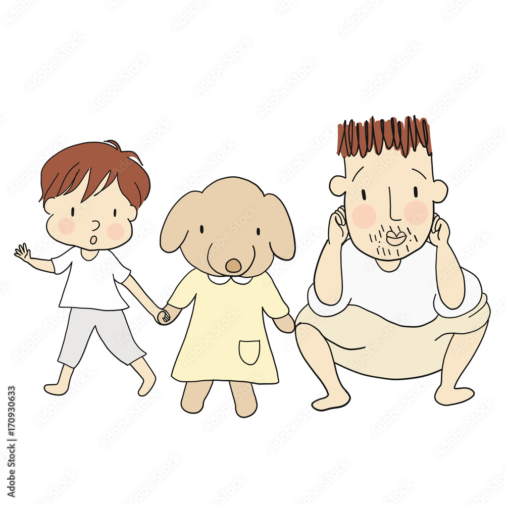 Vector illustration of dad and kid with dog. Family concept - happy father's day card, daddy and son & daughter. Cartoon drawing style, isolated on white background. Vector illustration of dad and kid with dog. Family concept - happy father's day card, daddy and son & daughter. Cartoon drawing style, isolated on white background.