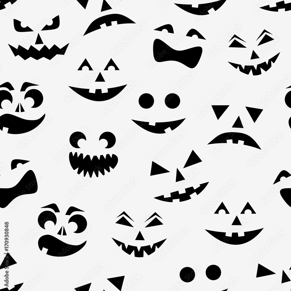Seamless pattern with black halloween pumpkins carved faces silhouettes on white background. Seamless pattern with black halloween pumpkins carved faces silhouettes on white background.