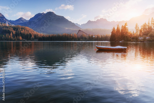 Majestic mountain lake in National Park High Tatra. Strbske pleso, Slovakia