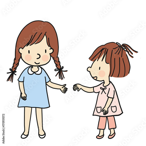 Vector illustration of two little kids coming to hold hands together. Family concept - siblings. Cartoon character drawing style. Isolated on white background.