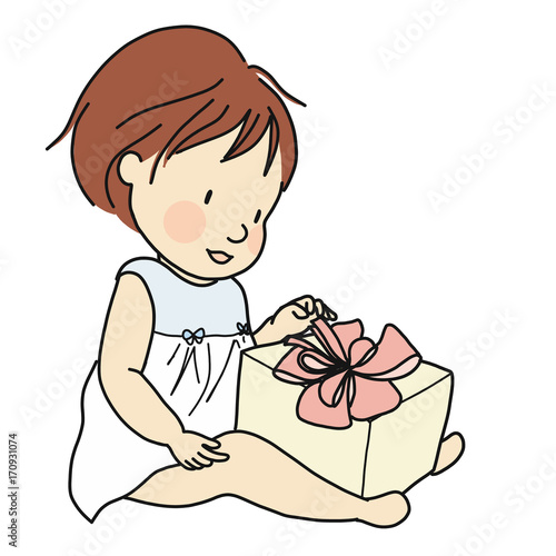 Vector illustration of smiling kid with gift box. Family concept - happy birthday, merry Christmas and happy new year . Cartoon character drawing style. Isolated on white background.