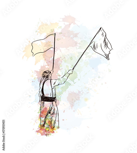 Watercolor sketch of Arab man flaying flag in vector illustration.