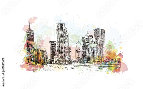 Watercolor sketch of Doha Qatar in vector illustration.