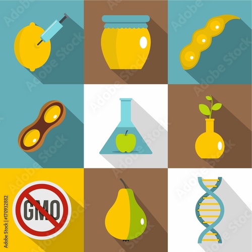 GMO laboratory icon set, flat style