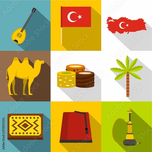 Turkey symbols icon set, flat style