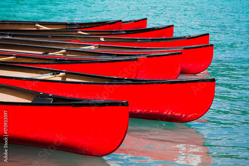 Fotografering Row of red canoes in lake