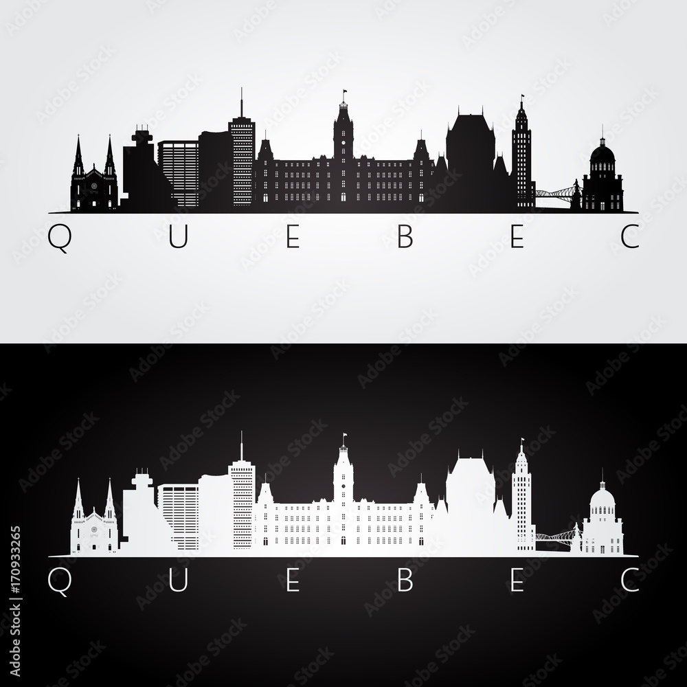 Quebec skyline and landmarks silhouette, black and white design, vector illustration.