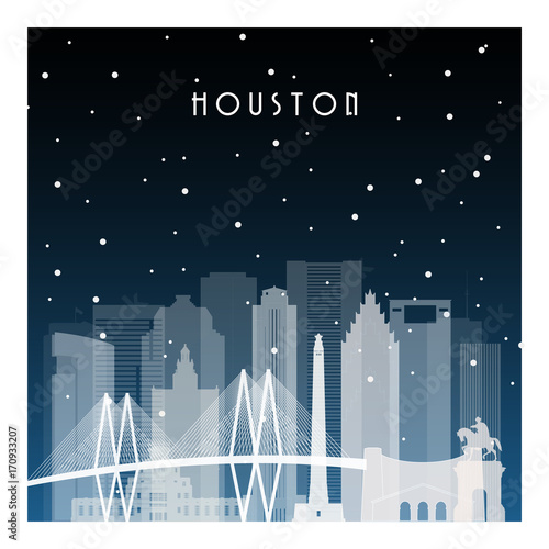 Plakat Zimowa noc w Houston. Nocy miasto w mieszkanie stylu dla sztandaru, plakata, ilustraci, gry, tło.