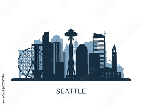 Seattle skyline, monochrome silhouette. Vector illustration.