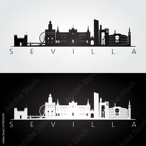 Sevilla skyline and landmarks silhouette, black and white design, vector illustration.