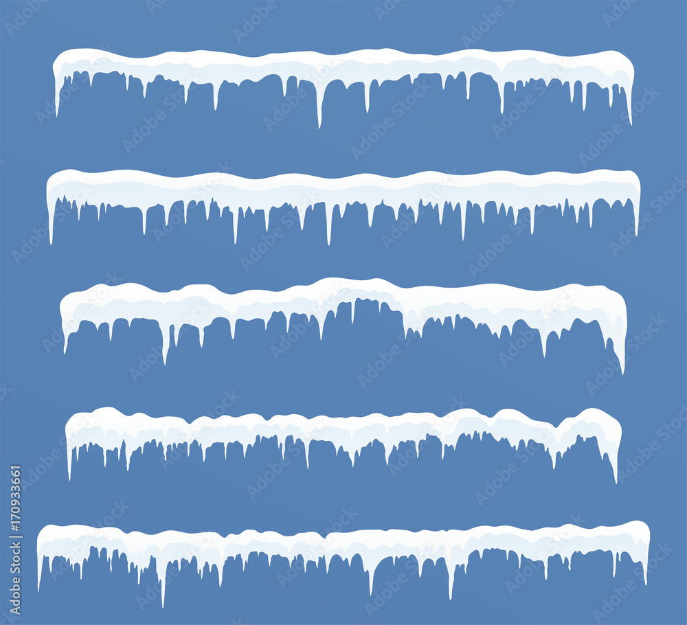 Set of long ice caps. Snowdrifts, icicles, elements winter decor - obrazy, fototapety, plakaty 
