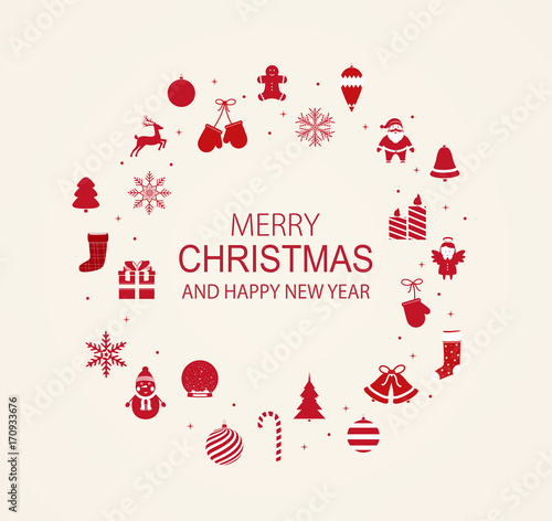 Christmas and New Year frame with red decor elements.