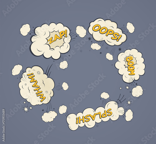 Explosions and splash of waves in comic style. Pattern comic speech bubbles in circular style pop art.