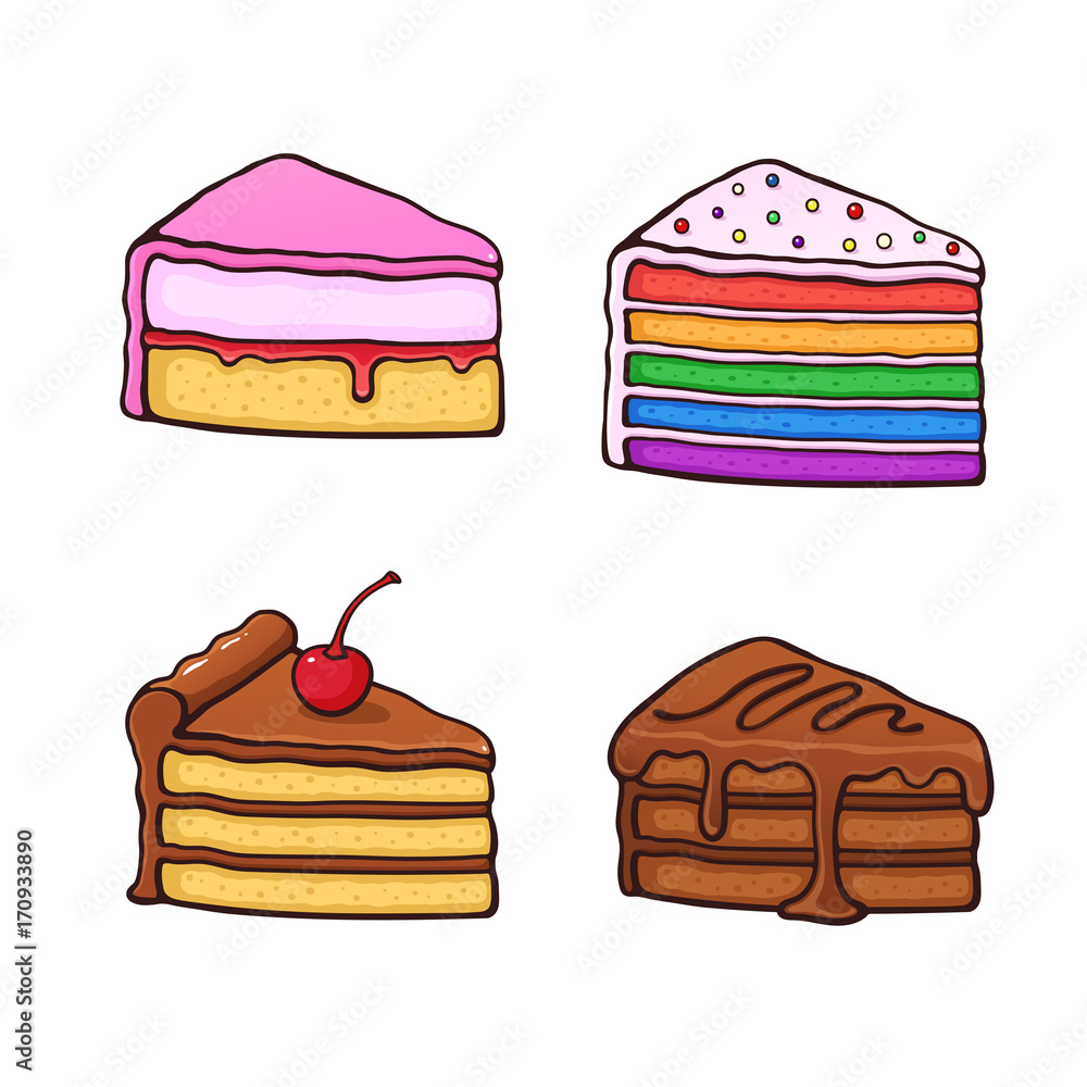 Vector illustration set. A piece of cakes in cartoon style with contour.  Cakes with chocolate cream and cherry, pink glaze cream fondant and colored  sugar dragees. Isolated on white background Stock Vector |