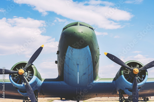 Very Big Old Airplane With Propellers On The Engines Front Shot