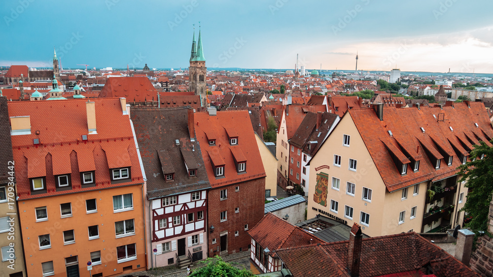 Obraz premium Roofs of Nuremberg, Sunset over Nuremberg, Bavaria, Germany, Western Europe