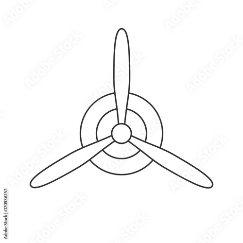 Black isolated outline icon of propeller on white background. Line Icon of propeller of airplane.