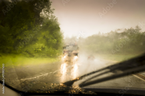 Drivers point of View. Heavy rain , Danger