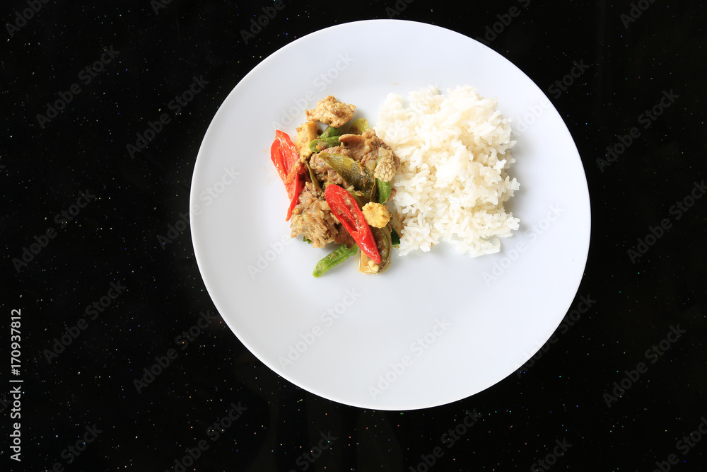 Fried Chilli Pork and jasmine rice. Fried Chilli Pork and jasmine rice.
