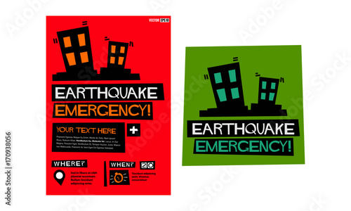 Earthquake Emergency (Flat Style Vector Illustration Disaster Poster Design) With Where and When Detail Template 