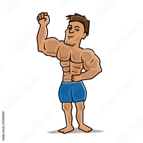 attractive bodybuilder with huge muscles wear a short, character design, isolated on white background. 