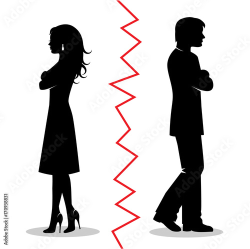 silhouettes of a heterosexual couple quarreled and turned away from each other and between the pair a red line