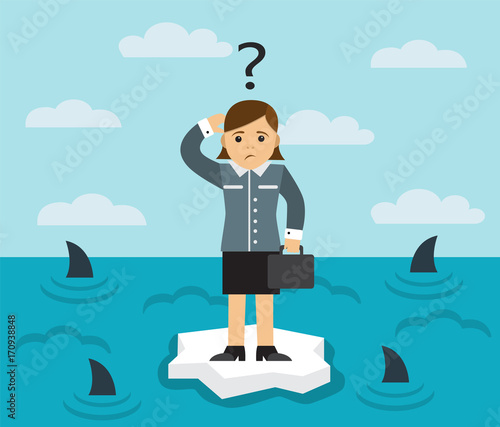 businesswoman with briefcase standing on an ice floe in the middle of the sea in which the fins of sharks seen
