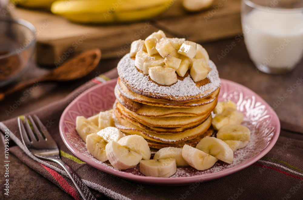 American pancakes with banana, chocolate American pancakes with banana, chocolate