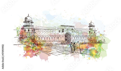 Watercolor sketch of Agra Fort India in vector illustration.