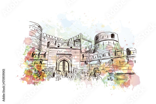 Watercolor sketch of Agra fort India in vector illustration.