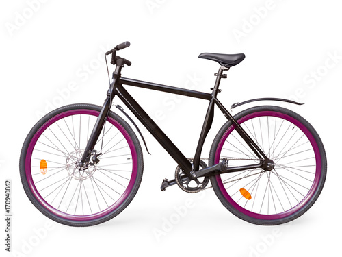 Black fixed urban bike with violet whells isolated with clipping path photo