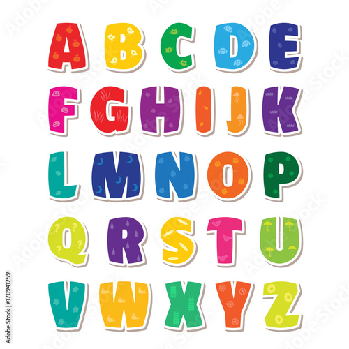 Cute funny childish alphabet. Vector font illustration