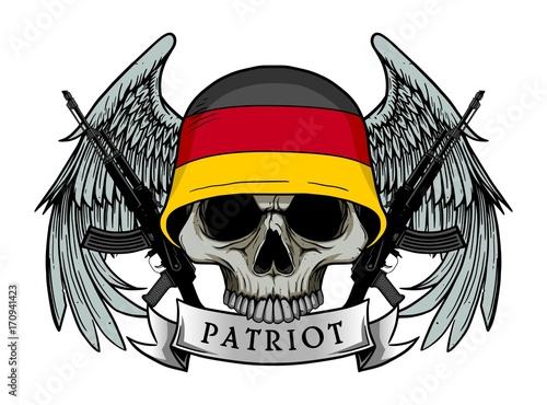 Military skull or patriot skull with GERMANY flag Helmet and Wings Background and ak47 Gun