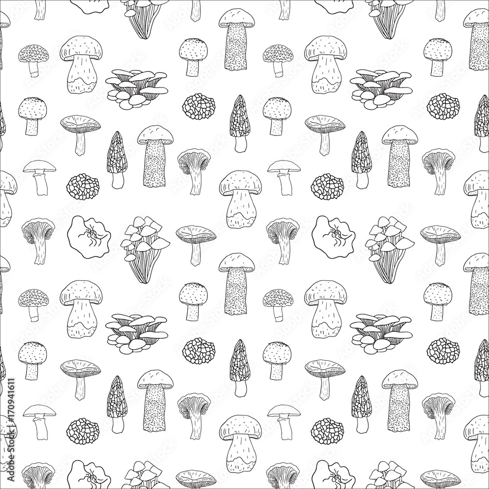 Vector seamless pattern of edible mushrooms for your design.