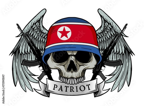 Military skull or patriot skull with NORTH KOREA flag Helmet and Wings Background and ak47 Gun
