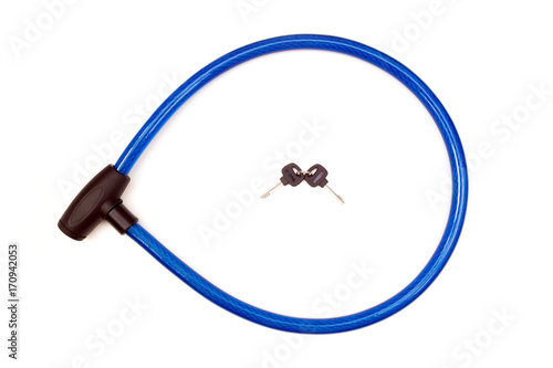 Blue bike cable lock with keys on white background.