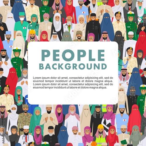 Seamless pattern social concept. Large group muslim arabic people professions occupation standing together in different suit and traditional clothes in flat style. Arab men and women in row. Vector.